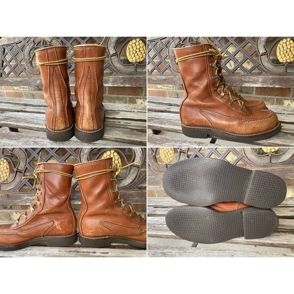 Size 6.5 E Orange Brown Leather Moc Toe Lace up Boots Vintage Power House 60s - Picture 2 of 3
